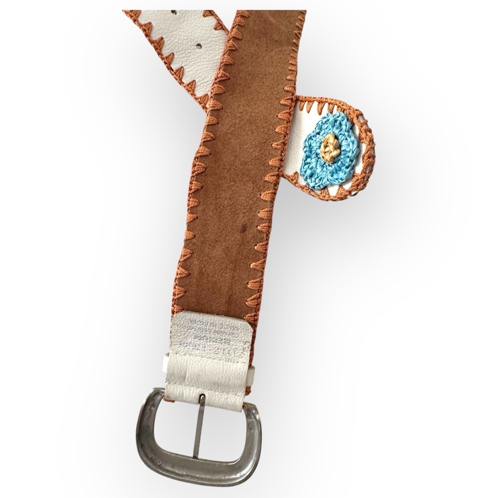 Vintage White Brown Genuine Leather Floral Whipstitch Belt Flowers Applique 90’s - Picture 6 of 10